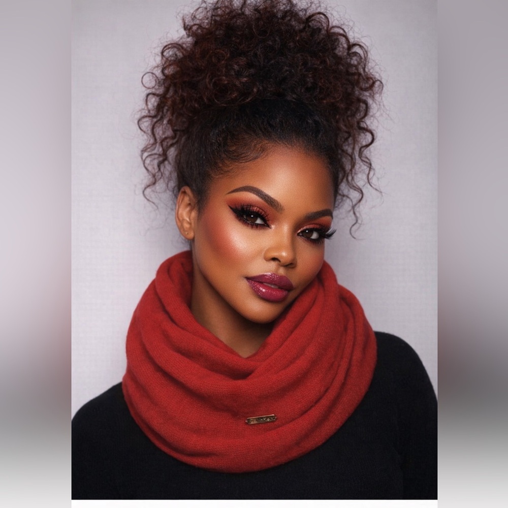 Calvin Klein Luxury Red Infinity Scarf With Gold Metal Logo Tag